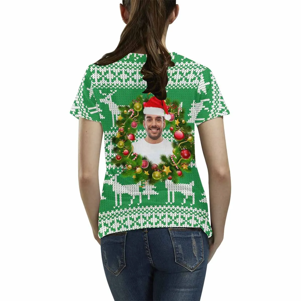 Custom Face Tee Christmas Tree Women's All Over Print T-shirt Design Your Own Shirts Gift for Xmas