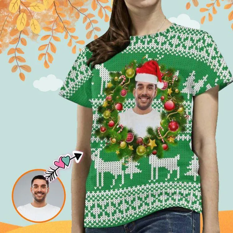 Custom Face Tee Christmas Tree Women's All Over Print T-shirt Design Your Own Shirts Gift for Xmas
