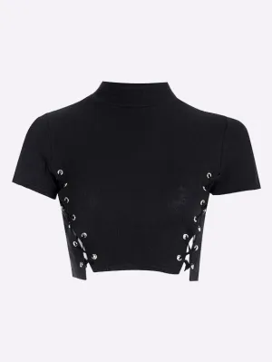 Custom Lace-Up Short Sleeve Black Top