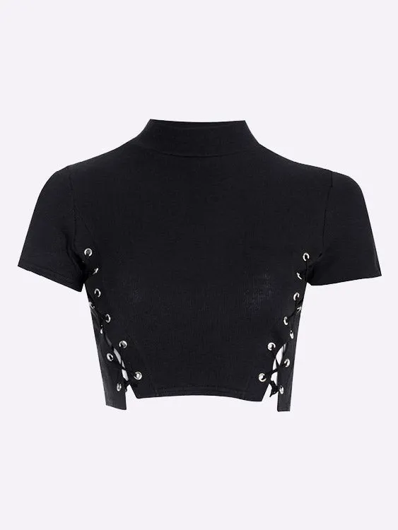 Custom Lace-Up Short Sleeve Black Top