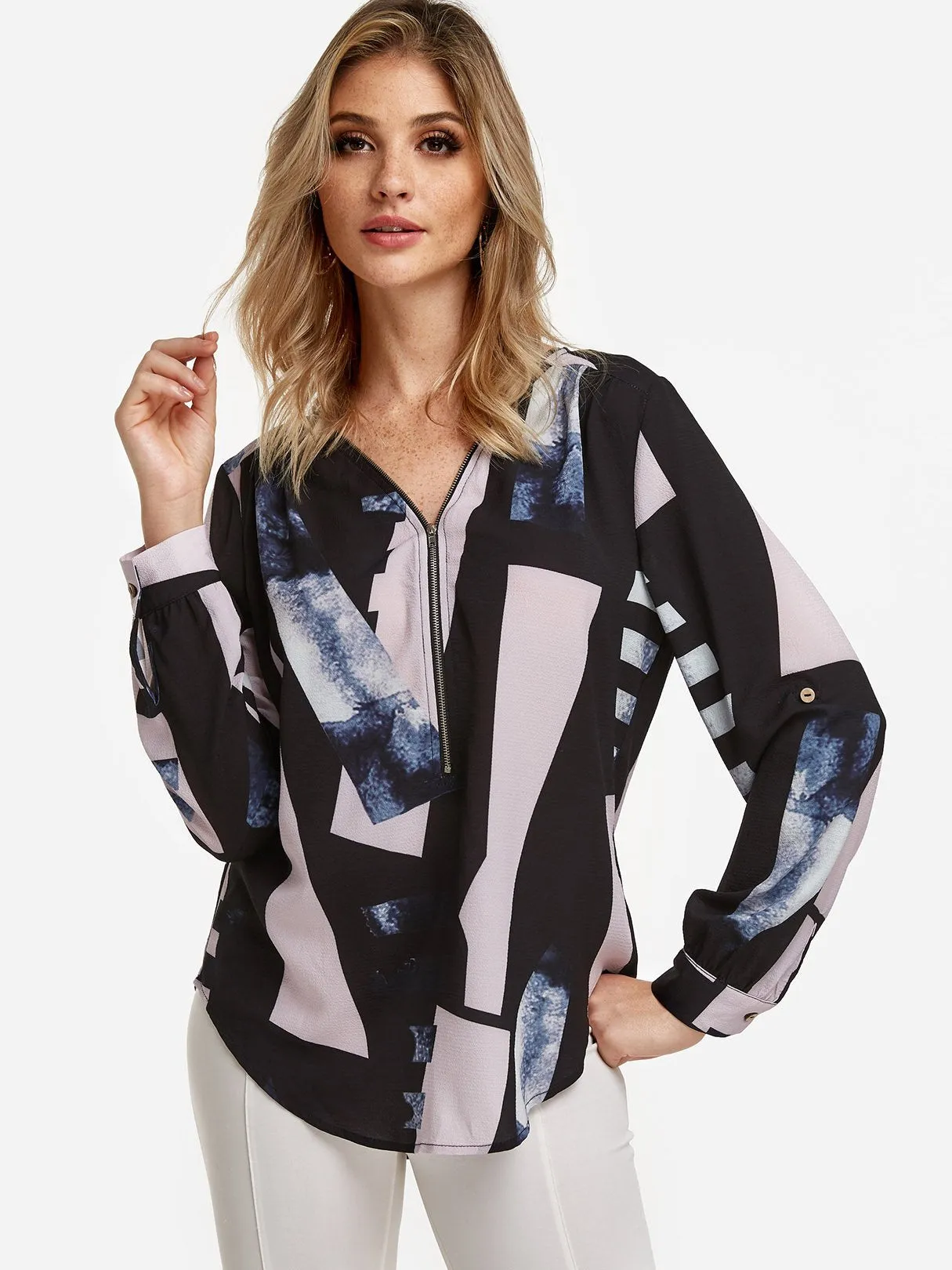 Custom Printed Zip Back Long Sleeve Curved Hem Black T-Shirts