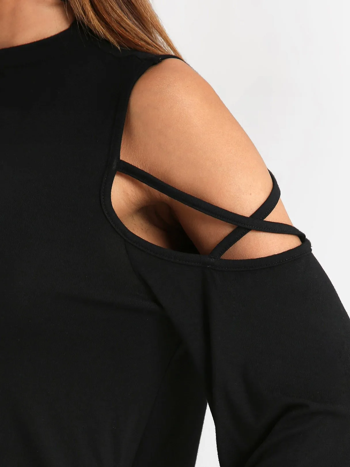 Custom Round Neck Cold Shoulder Plain Long Sleeve Black T-Shirts