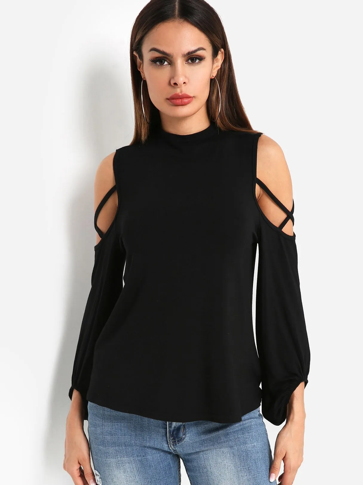 Custom Round Neck Cold Shoulder Plain Long Sleeve Black T-Shirts