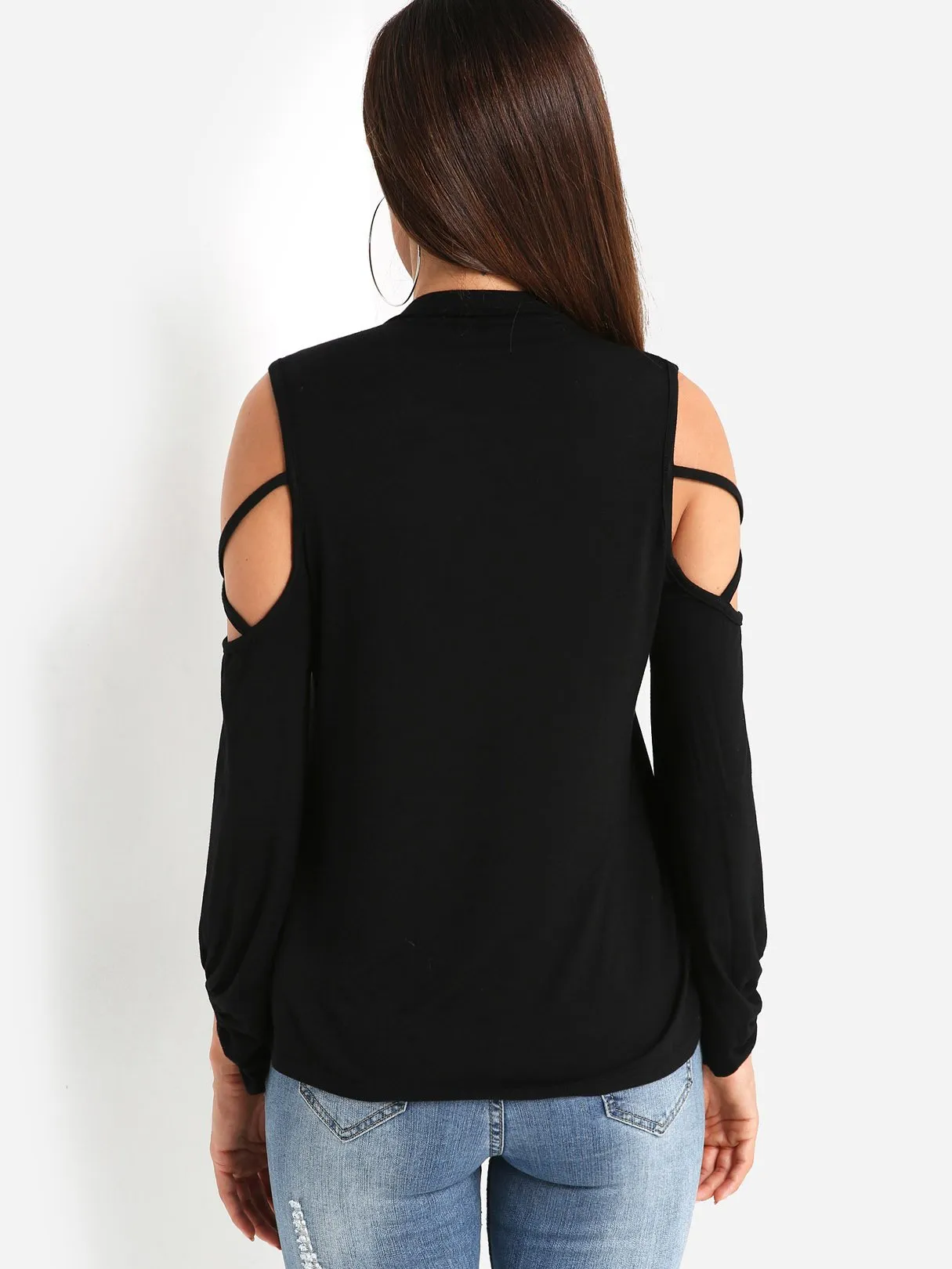 Custom Round Neck Cold Shoulder Plain Long Sleeve Black T-Shirts