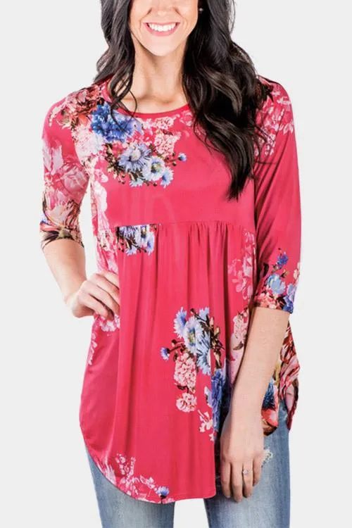 Custom Round Neck Floral Print 3/4 Sleeve Curved Hem Red T-Shirts