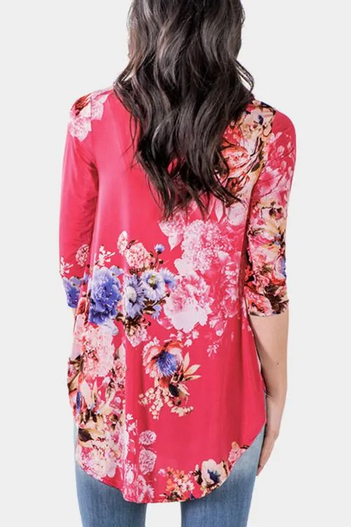 Custom Round Neck Floral Print 3/4 Sleeve Curved Hem Red T-Shirts