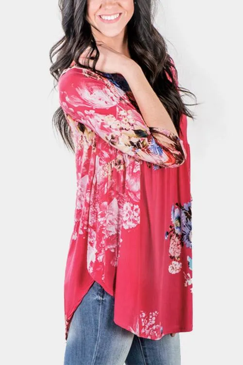 Custom Round Neck Floral Print 3/4 Sleeve Curved Hem Red T-Shirts