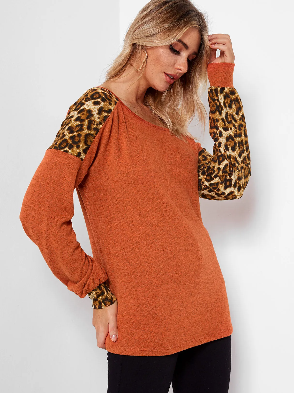 Custom Round Neck Leopard Long Sleeve Orange T-Shirts