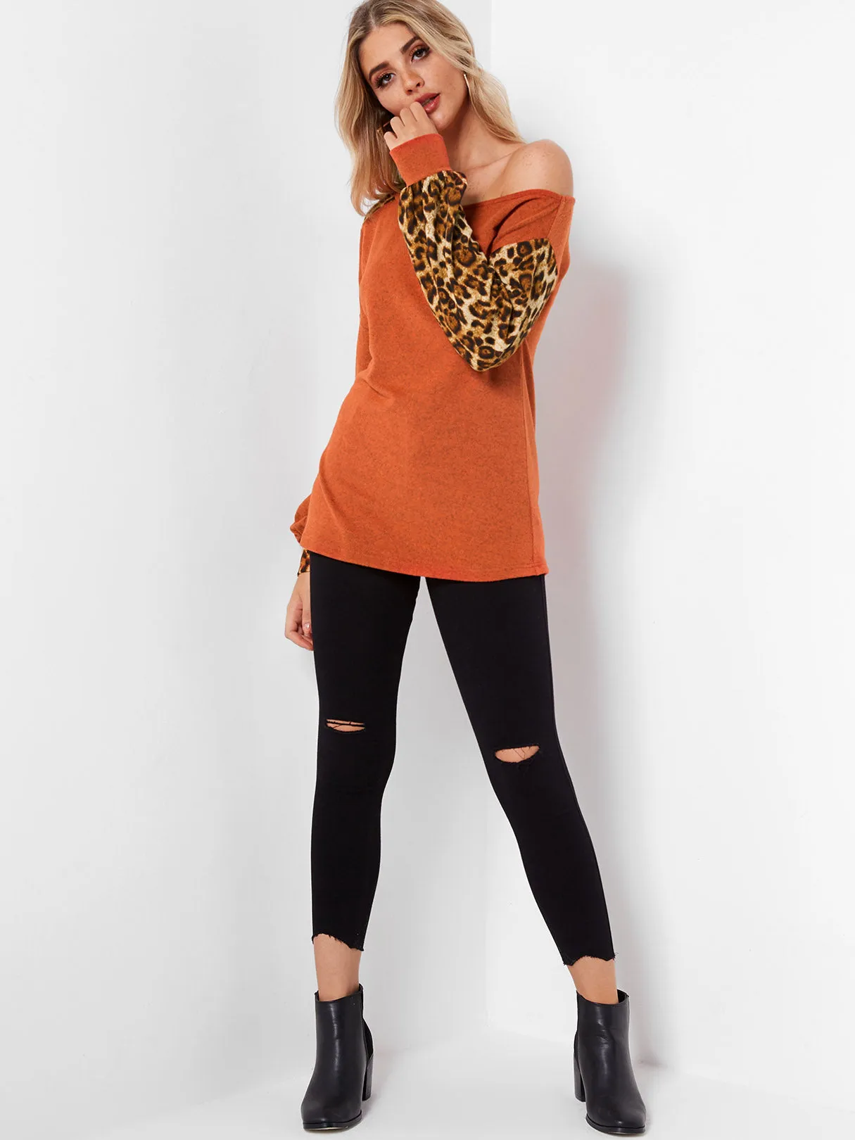 Custom Round Neck Leopard Long Sleeve Orange T-Shirts