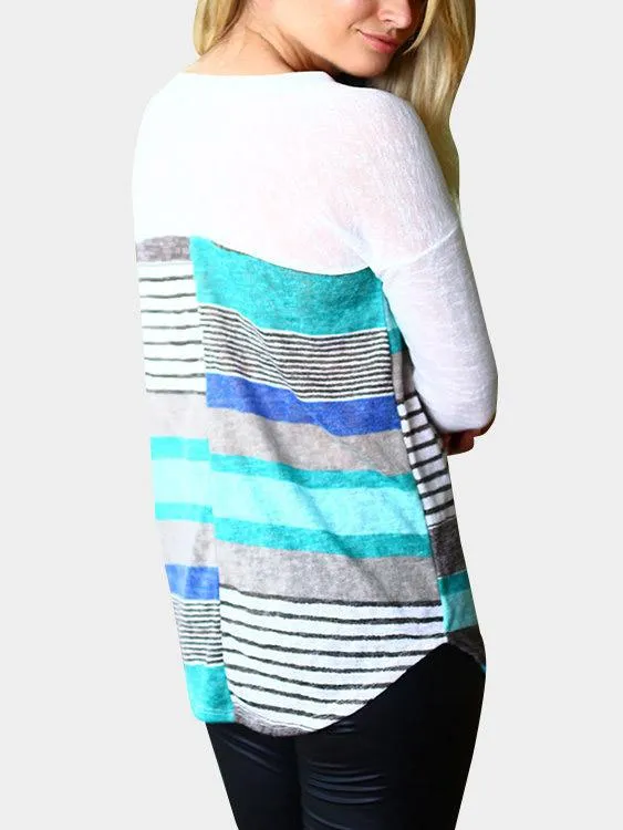 Custom Round Neck Stripe Lace Long Sleeve Curved Hem Blue T-Shirts
