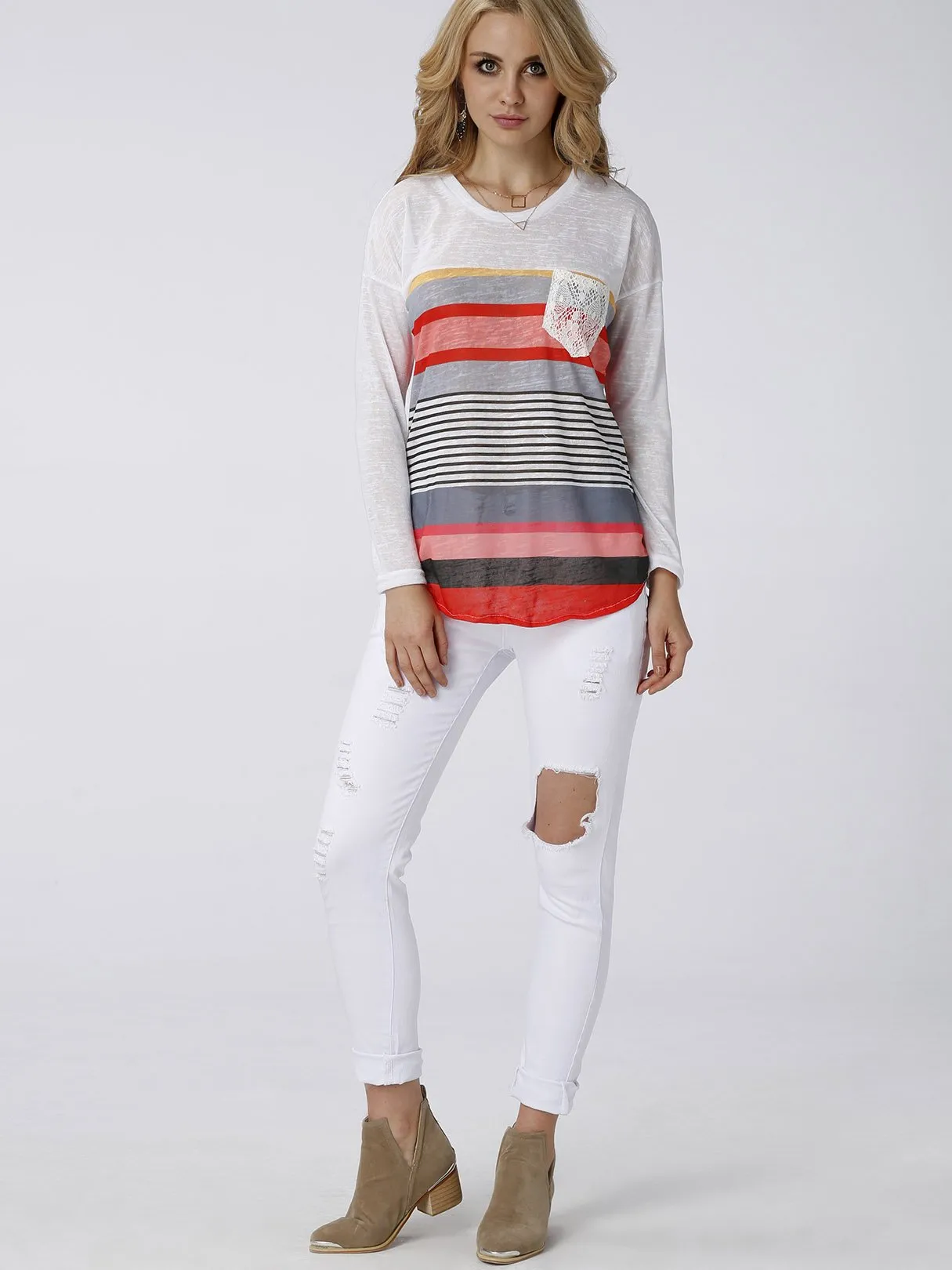 Custom Round Neck Stripe Lace Long Sleeve Curved Hem Blue T-Shirts