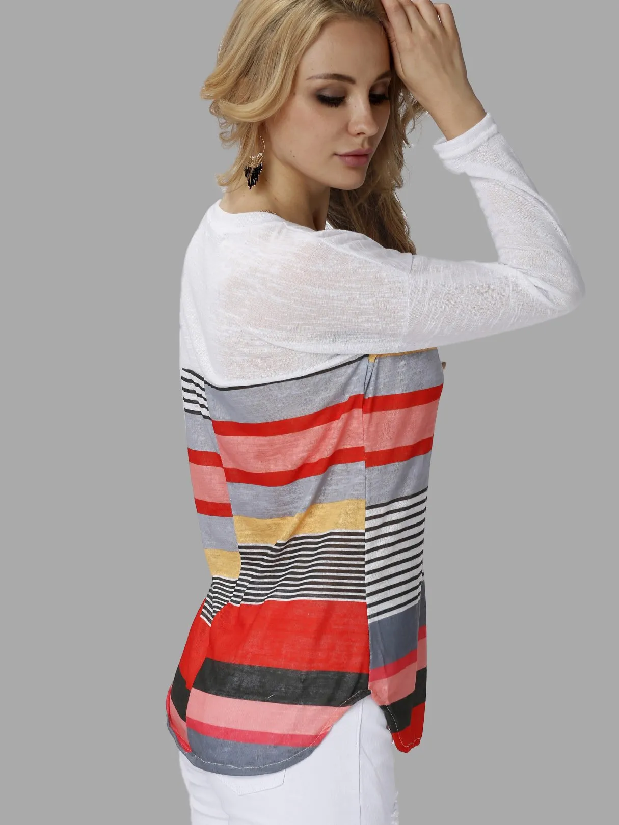 Custom Round Neck Stripe Lace Long Sleeve Curved Hem Blue T-Shirts