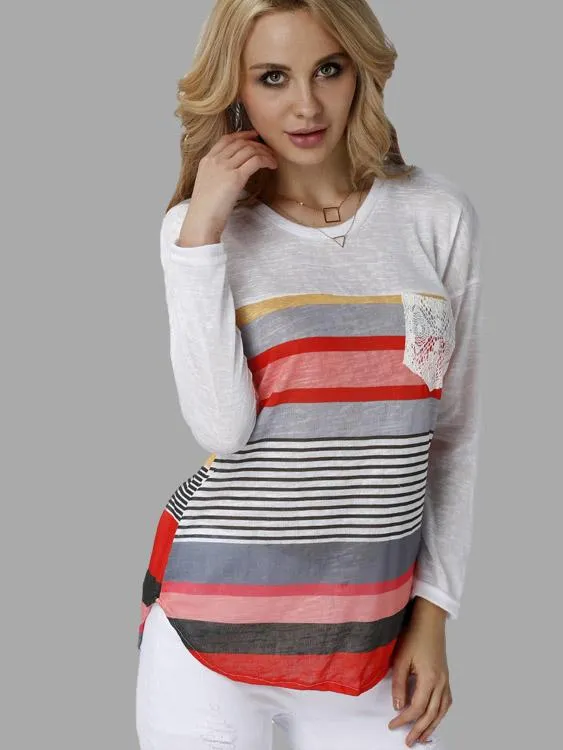 Custom Round Neck Stripe Lace Long Sleeve Curved Hem Blue T-Shirts
