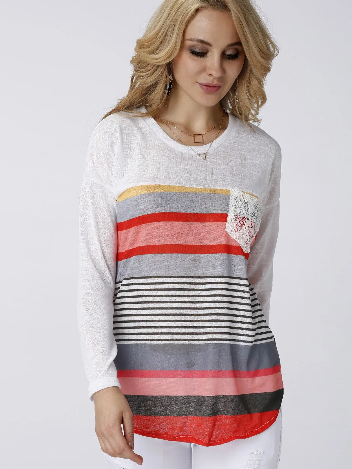 Custom Round Neck Stripe Lace Long Sleeve Curved Hem Blue T-Shirts