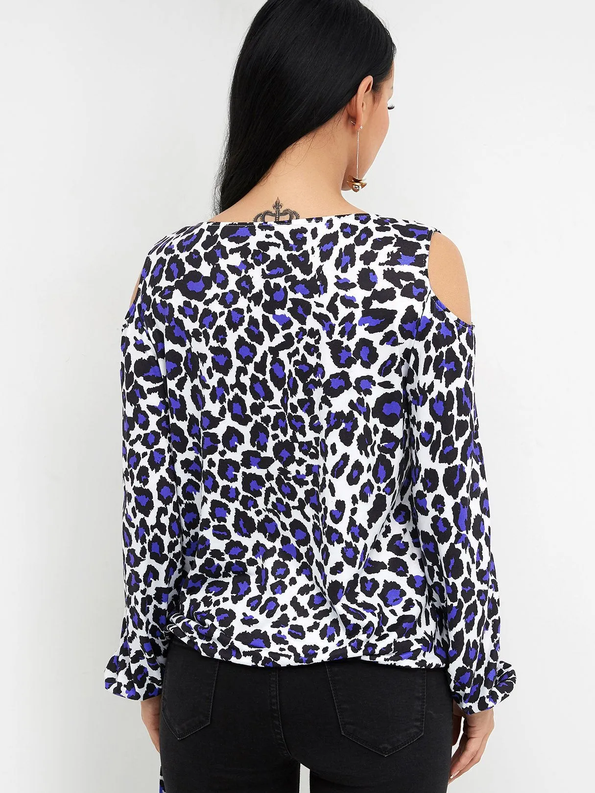 Custom V-Neck Cold Shoulder Leopard Crossed Front Self-Tie Long Sleeve Top
