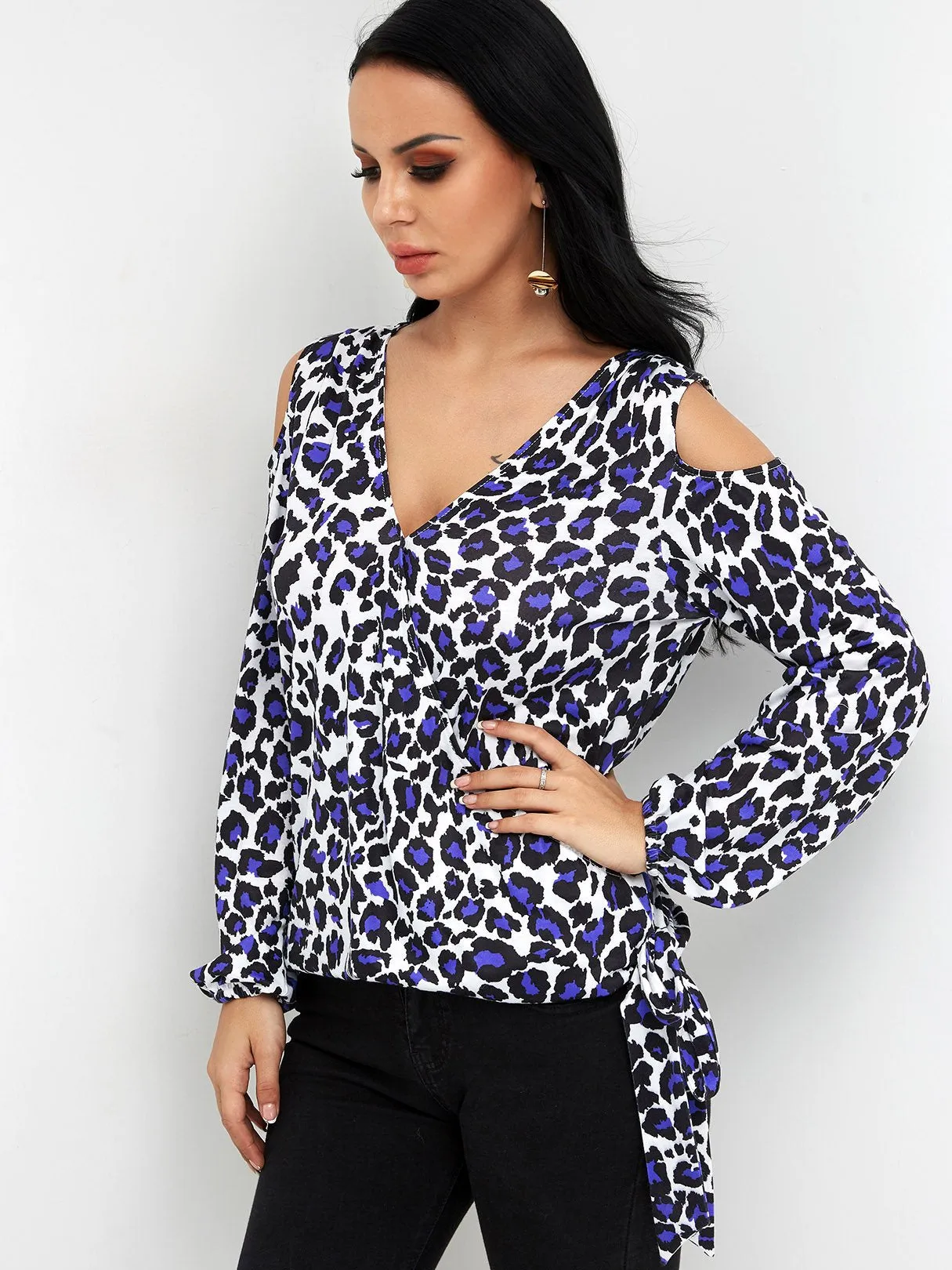 Custom V-Neck Cold Shoulder Leopard Crossed Front Self-Tie Long Sleeve Top