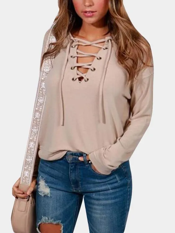 Custom V-Neck Lace-Up Long Sleeve T-Shirts
