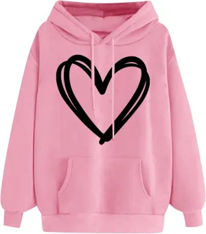 Cute Hooded Sweatshirt For Women 2024 Casual Long Sleeve Heart Graphic Hoodies Loose Comfy Fall Fashion Pullovers