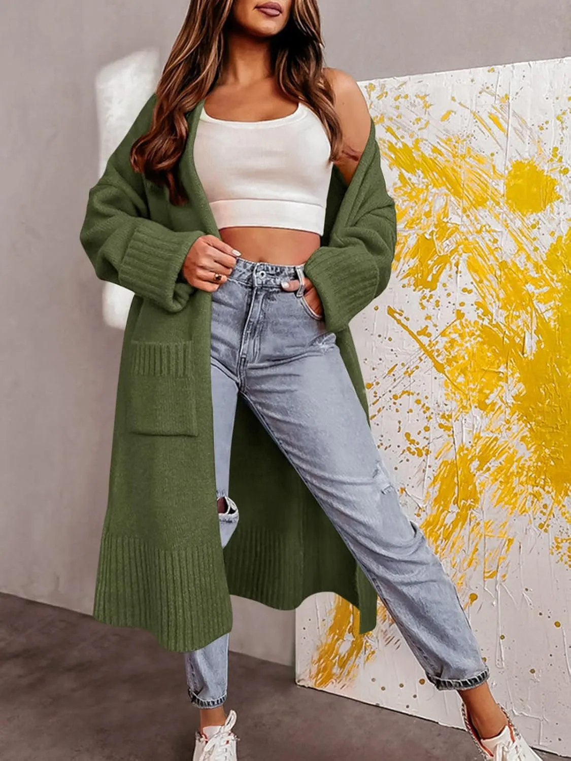 Danedvi Long Cardigan Sweaters for Women 2023 Fall Open Front Knit Oversized Cardigans Duster Coat with Pockets