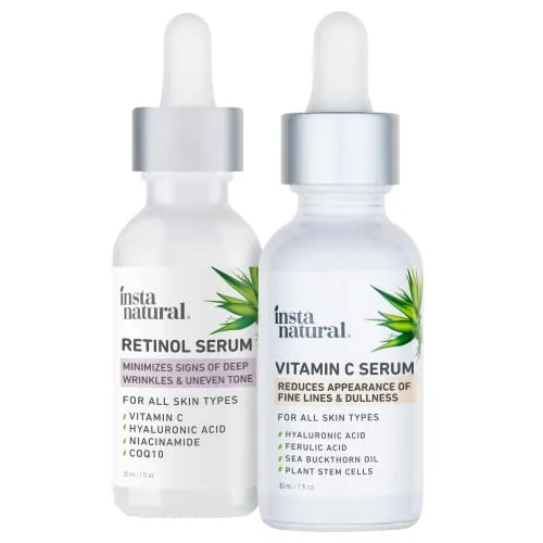 Day & Night Duo Facial Serum Bundle - Vitamin C Serum & Retinol Serum - Natural Anti Aging Formula for Face - Improve Skin Texture & Glow - Reduce Fine Lines Dark Spots Hyperpigmentation - InstaNatural