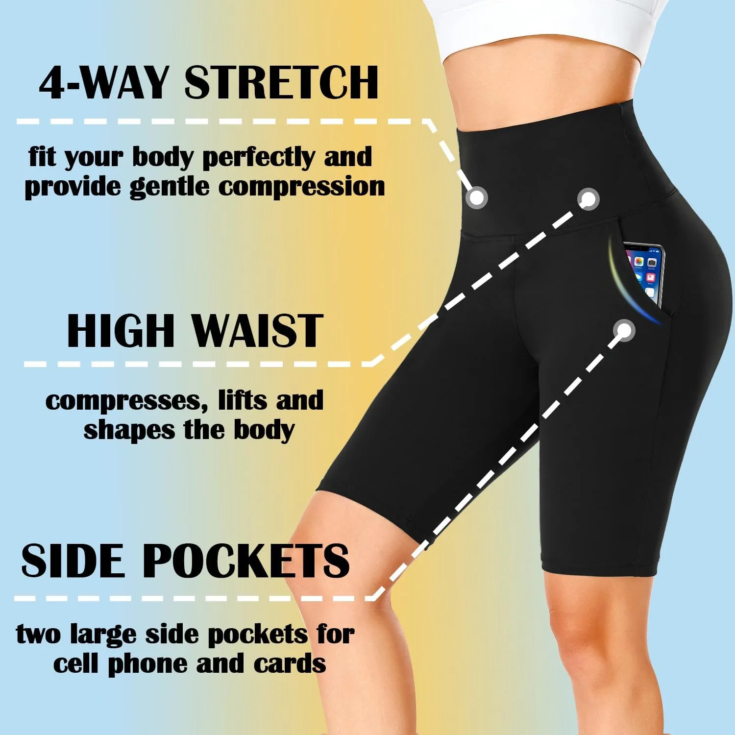 DHSO 3 Pack Biker Shorts for Women with Pockets - 8" High Waisted Workout Spandex Tummy Control Gym Running Yoga Shorts