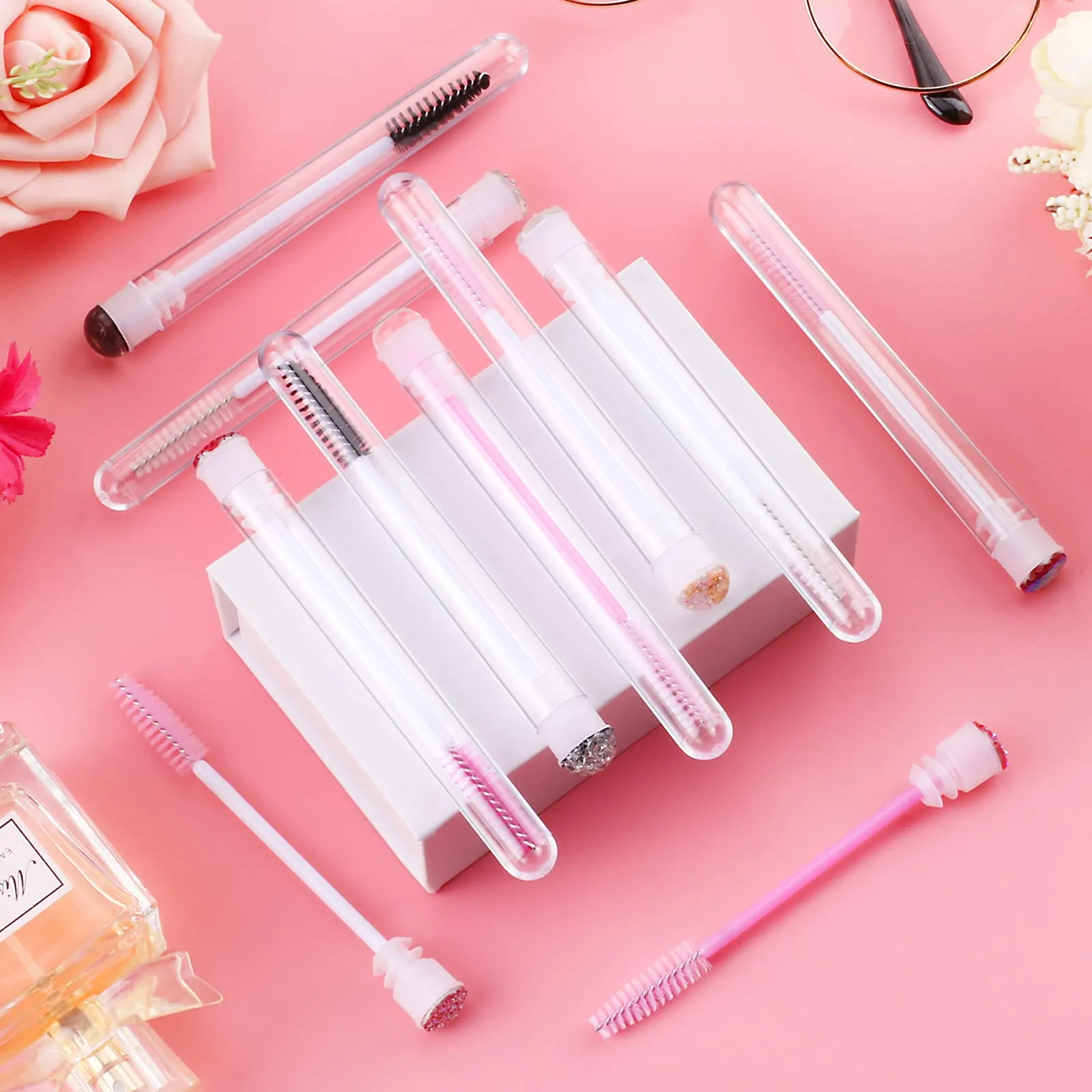 Dming 20 Pieces Eyelashes Brush Container Disposable Mascara Bruush Wand Case Lash Spoolies Tube Spoolie Holder Makeup Brush for Eyelash Extension Mix