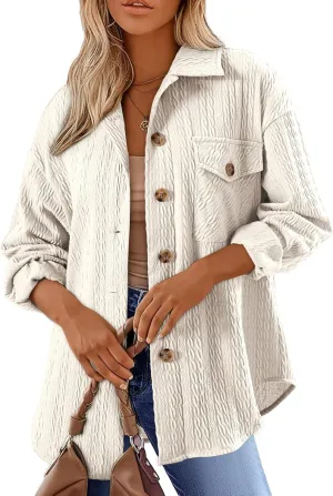 Dokotoo Womens Cable Knit Lightweight Shacket Button Down Shirts Long Sleeve Casual Oversized Blouses Tops