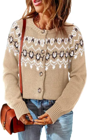 Dokotoo Womens Cardigans Casual Long Sleeve Chunky Knit Fall Winter Button Down Fair Isle Cardigan Sweaters