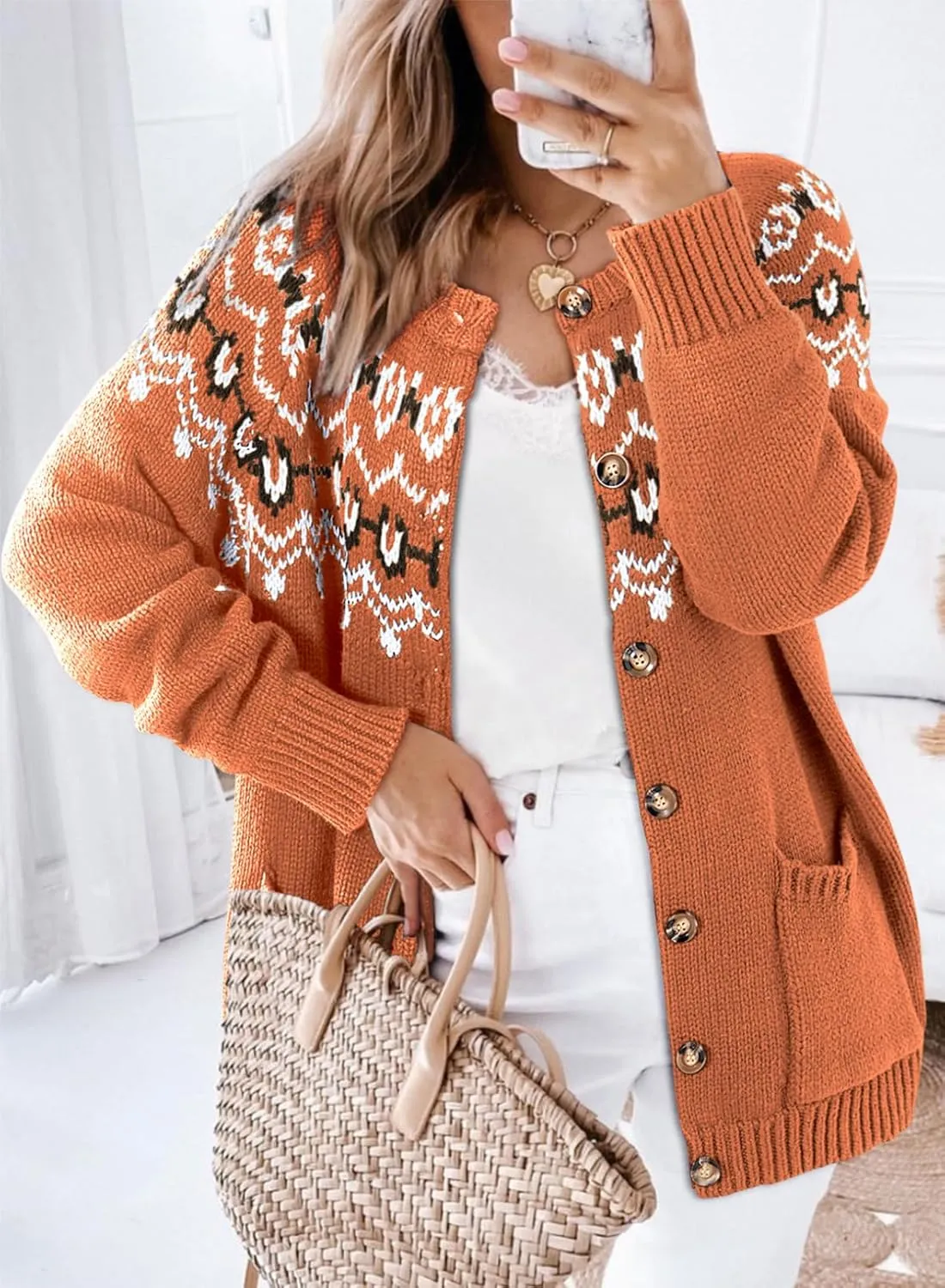 Dokotoo Womens Cardigans Casual Long Sleeve Chunky Knit Fall Winter Button Down Fair Isle Cardigan Sweaters