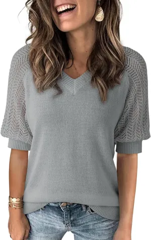 Dokotoo Women's Casual Short Sleeve Loose Crochet Tunic Tops Lightweight Knit Pullover Sweater Blouses