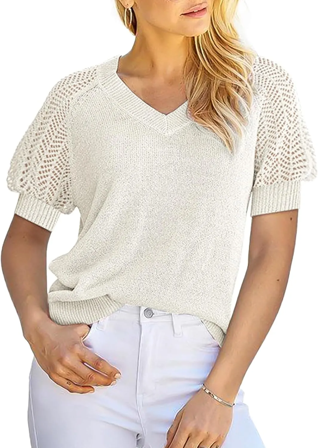 Dokotoo Women's Casual Short Sleeve Loose Crochet Tunic Tops Lightweight Knit Pullover Sweater Blouses