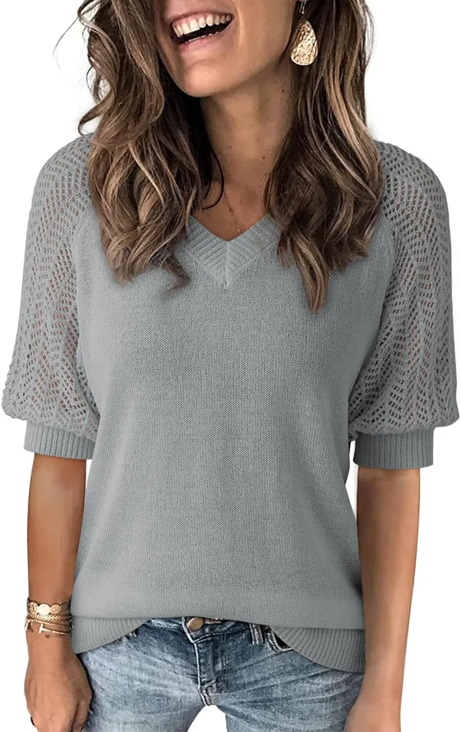 Dokotoo Women's Casual Short Sleeve Loose Crochet Tunic Tops Lightweight Knit Pullover Sweater Blouses