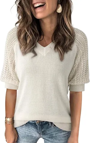 Dokotoo Women's Casual Short Sleeve Loose Crochet Tunic Tops Lightweight Knit Pullover Sweater Blouses