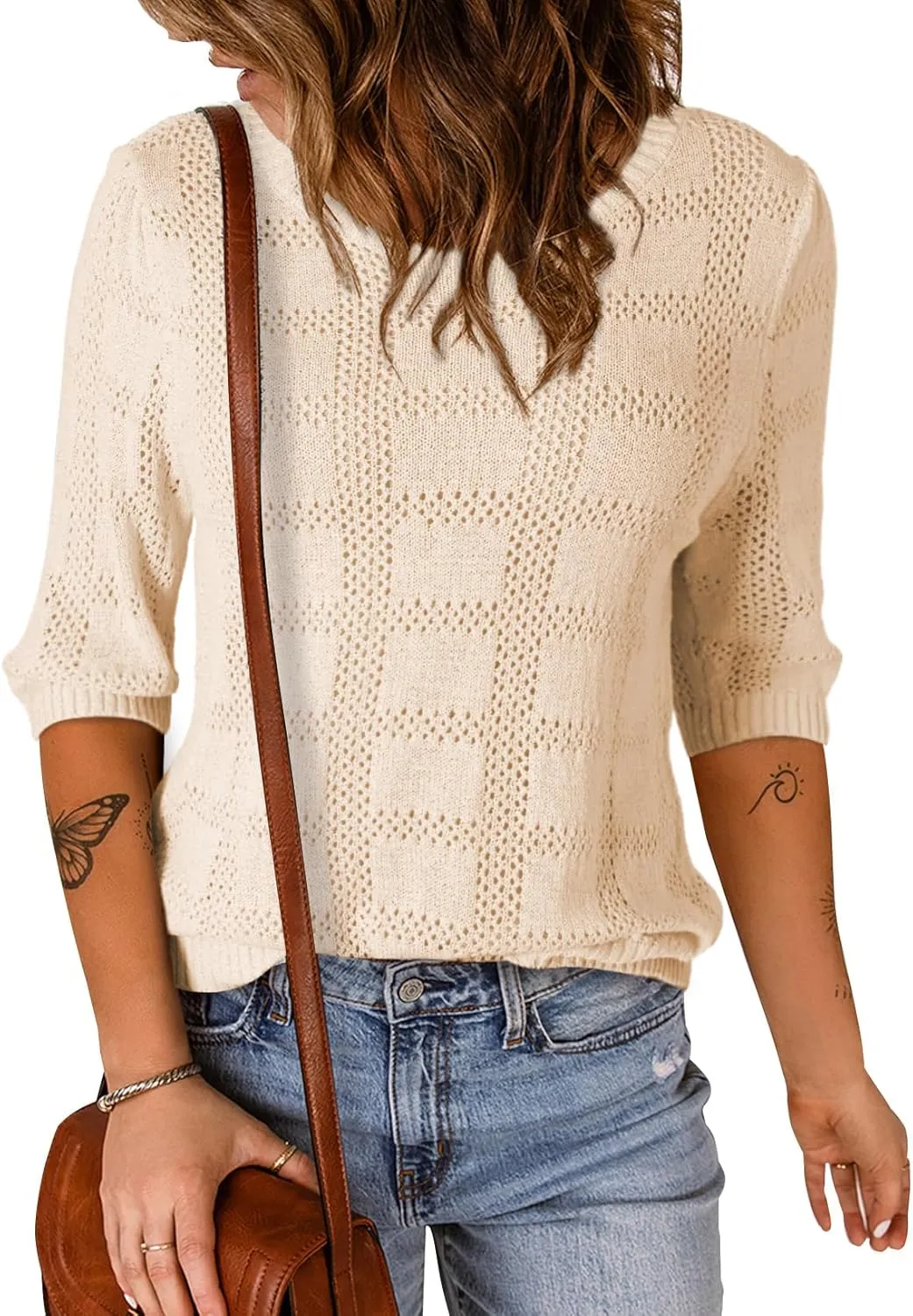 Dokotoo Women's Casual Short Sleeve Loose Tunic Tops Lightweight Crochet Knit Summer Sweaters Blouses