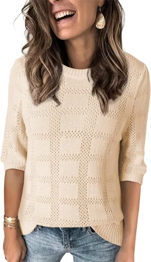 Dokotoo Women's Casual Short Sleeve Loose Tunic Tops Lightweight Crochet Knit Summer Sweaters Blouses