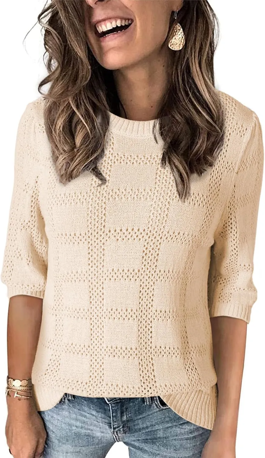 Dokotoo Women's Casual Short Sleeve Loose Tunic Tops Lightweight Crochet Knit Summer Sweaters Blouses