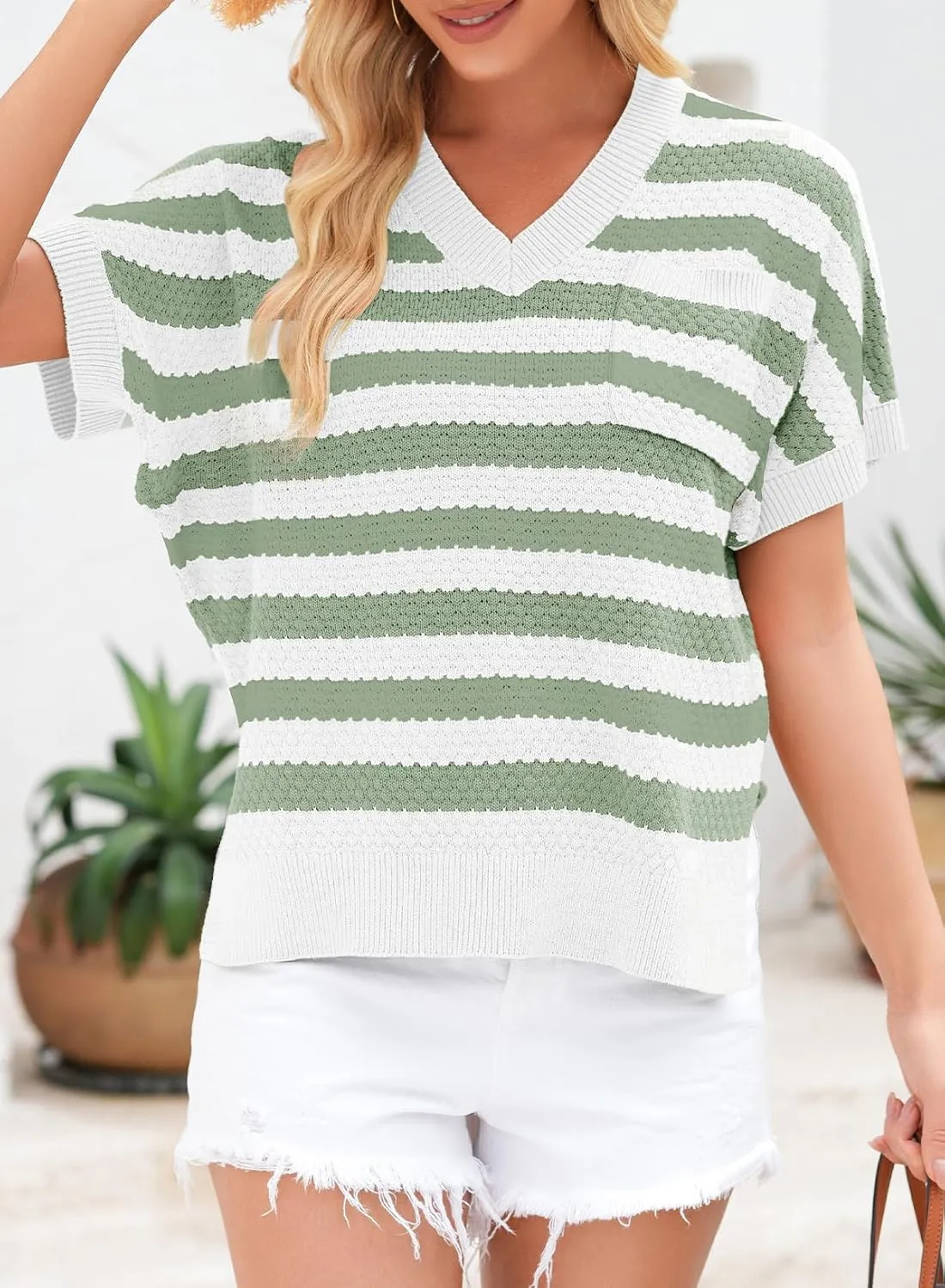 Dokotoo Women's Casual Short Sleeve Loose Tunic Tops Lightweight Striped Summer Sweaters Blouses Shirts