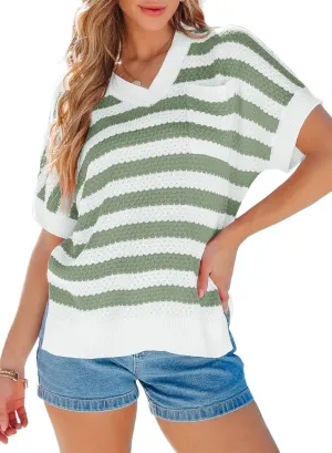 Dokotoo Women's Casual Short Sleeve Loose Tunic Tops Lightweight Striped Summer Sweaters Blouses Shirts