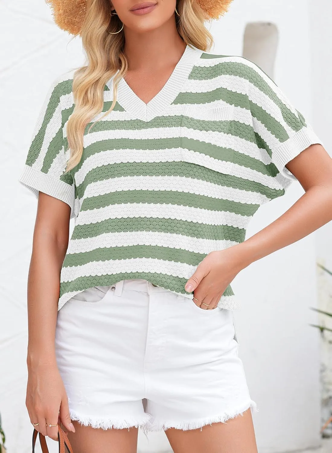 Dokotoo Women's Casual Short Sleeve Loose Tunic Tops Lightweight Striped Summer Sweaters Blouses Shirts