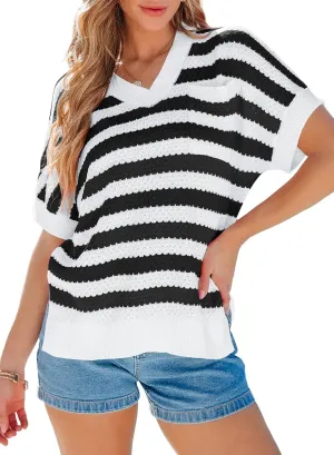 Dokotoo Women's Casual Short Sleeve Loose Tunic Tops Lightweight Striped Summer Sweaters Blouses Shirts