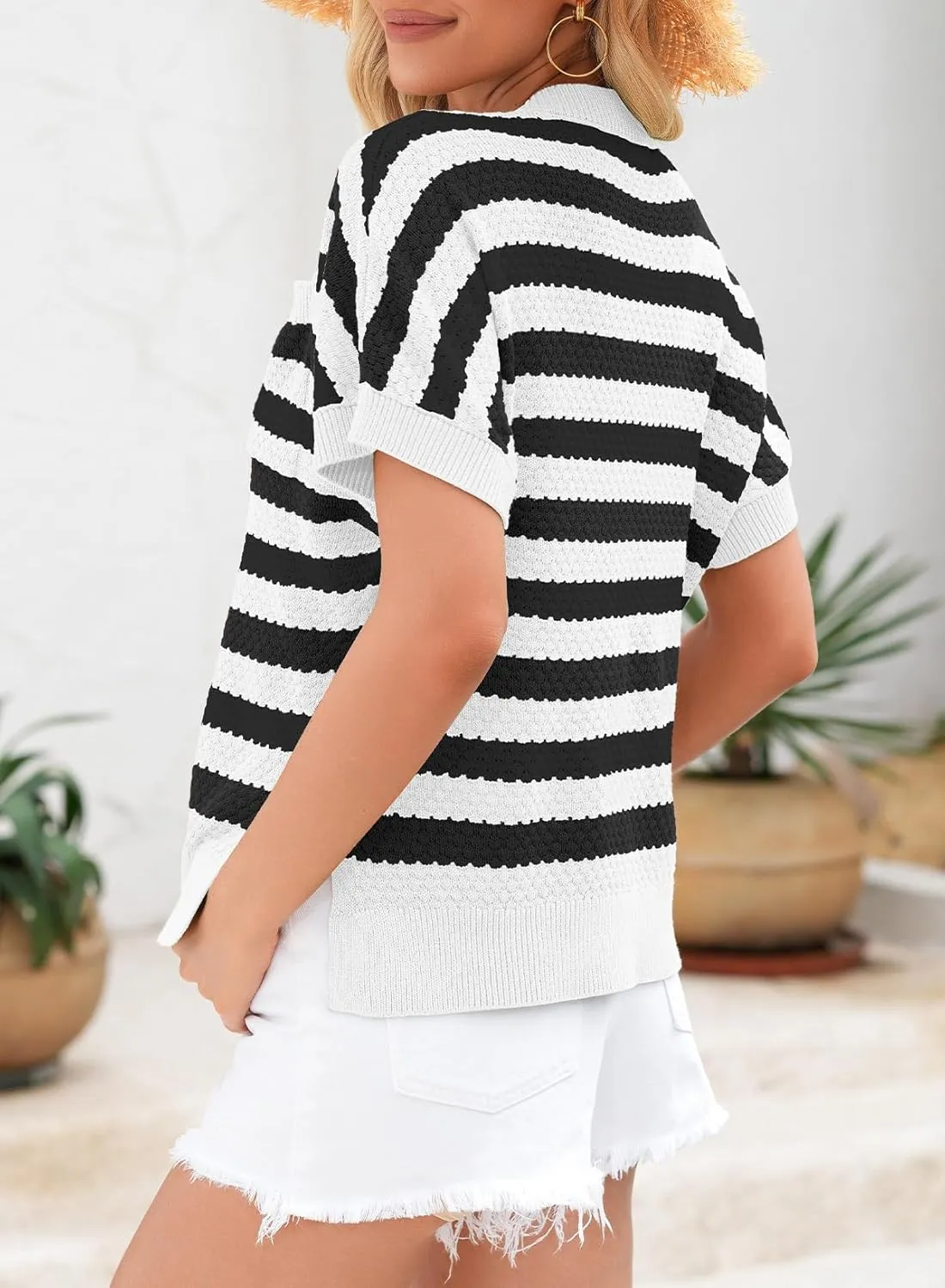 Dokotoo Women's Casual Short Sleeve Loose Tunic Tops Lightweight Striped Summer Sweaters Blouses Shirts