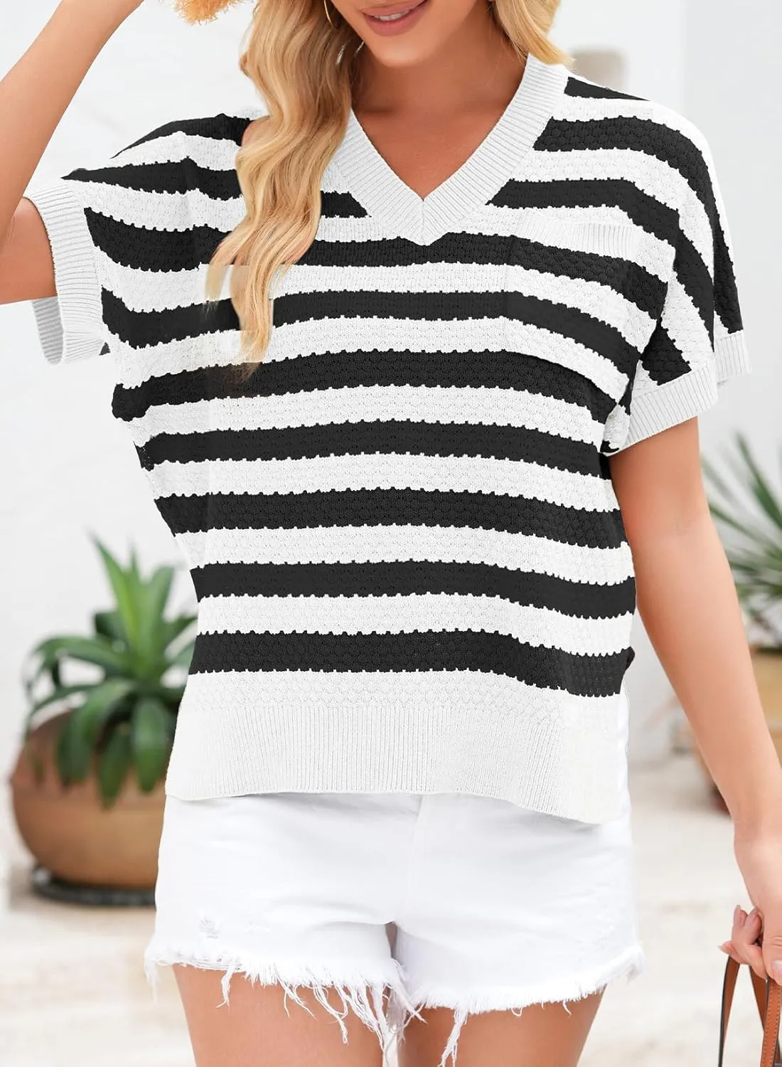 Dokotoo Women's Casual Short Sleeve Loose Tunic Tops Lightweight Striped Summer Sweaters Blouses Shirts