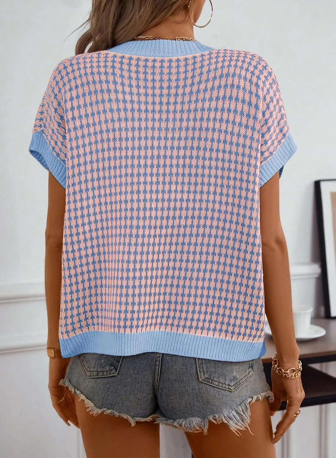 Dokotoo Womens Casual Summer Tops V Neck Short Sleeve Plaid Knit Vest Loose Fit Pullover Sweaters Blouses