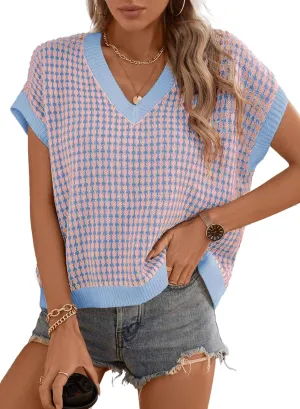 Dokotoo Womens Casual Summer Tops V Neck Short Sleeve Plaid Knit Vest Loose Fit Pullover Sweaters Blouses