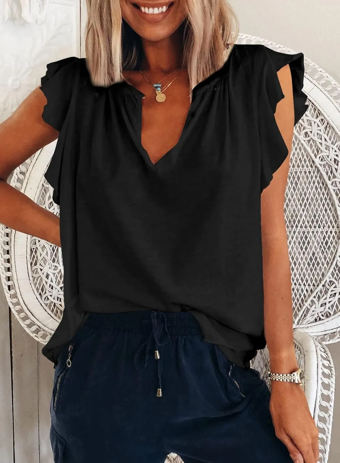 Dokotoo Women's Casual V Neck Ruffle Sleeve Summer Tank Tops Shirts