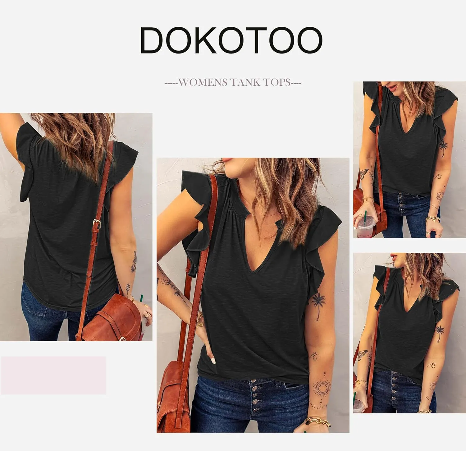Dokotoo Women's Casual V Neck Ruffle Sleeve Summer Tank Tops Shirts