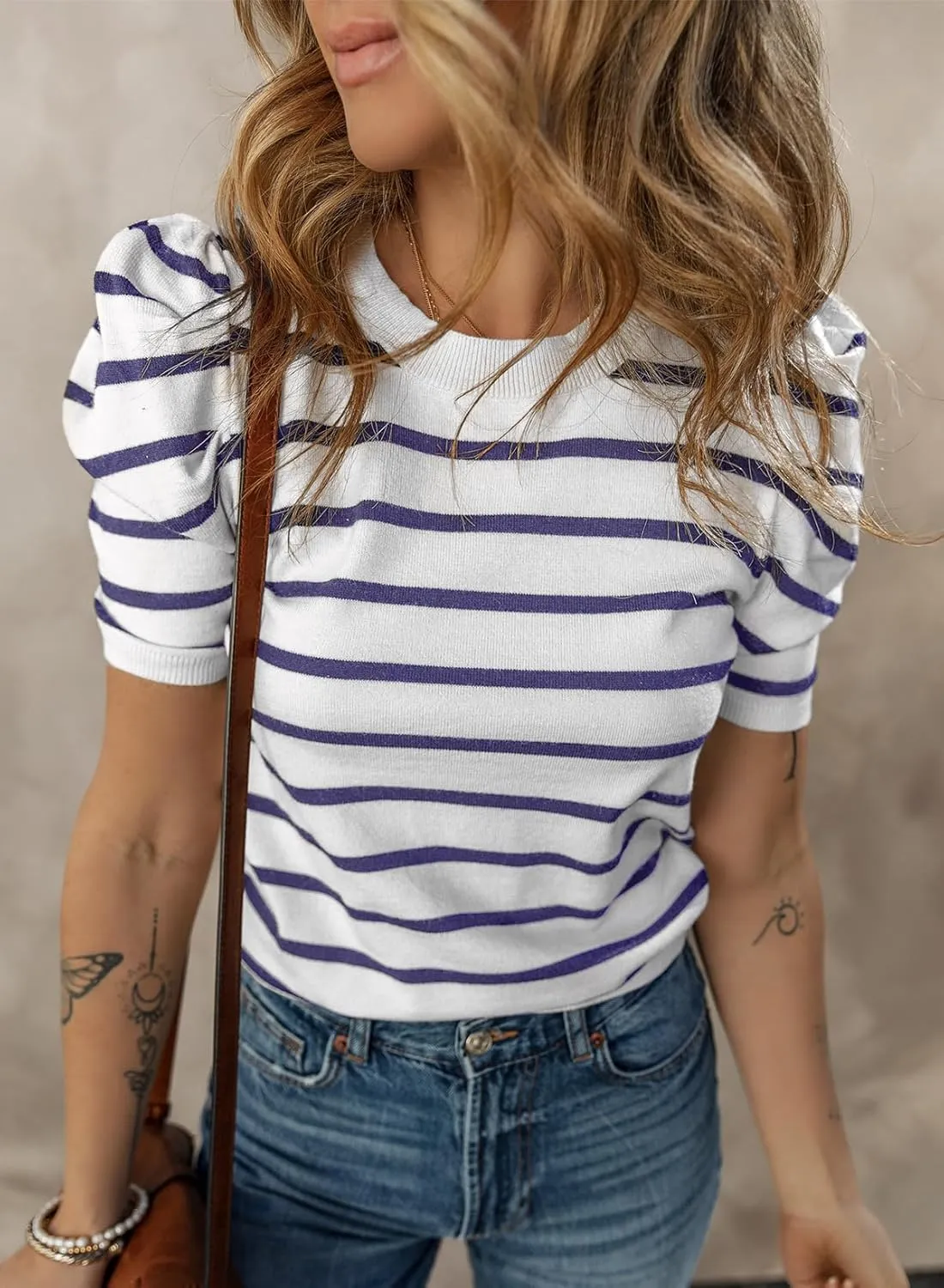 Dokotoo Women's Short Puff Sleeve Knit Tops 2025 Trendy Crewneck Striped T Shirts Casual Summer Blouses