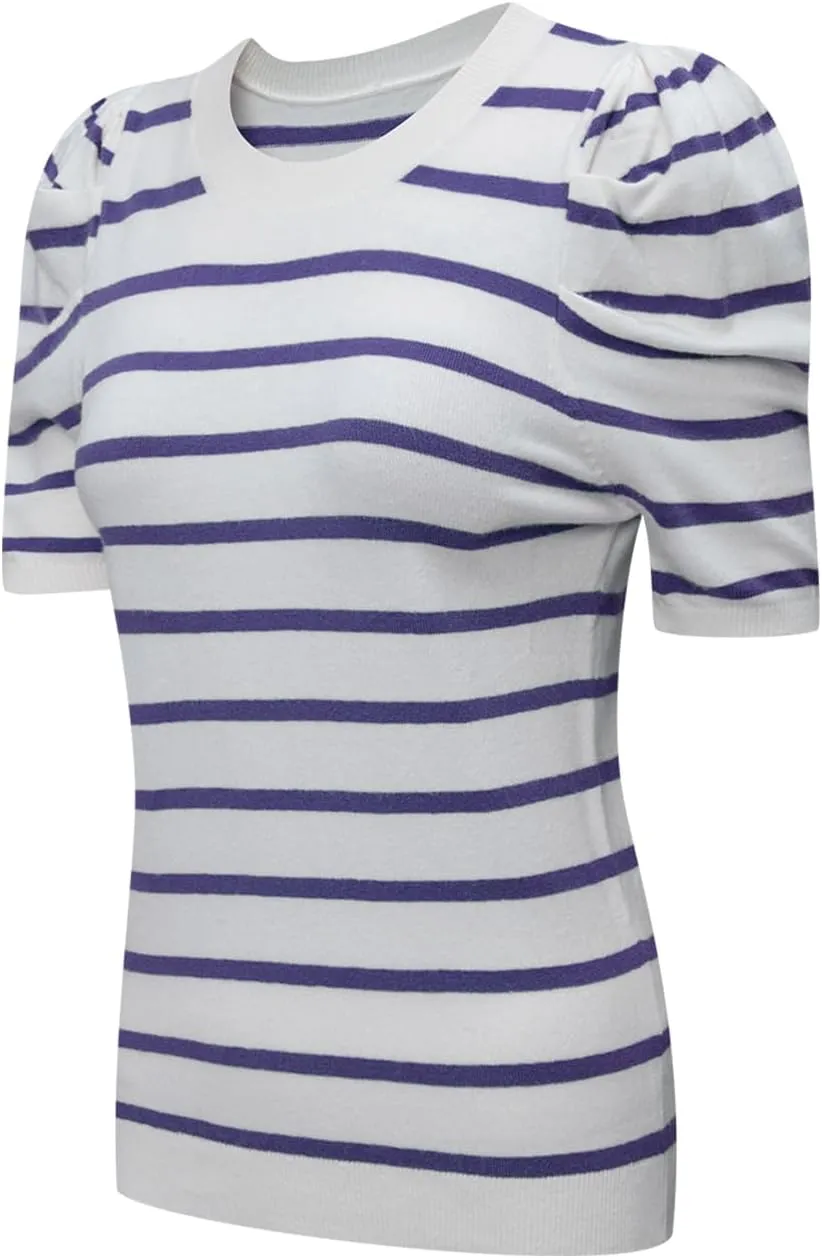 Dokotoo Women's Short Puff Sleeve Knit Tops 2025 Trendy Crewneck Striped T Shirts Casual Summer Blouses