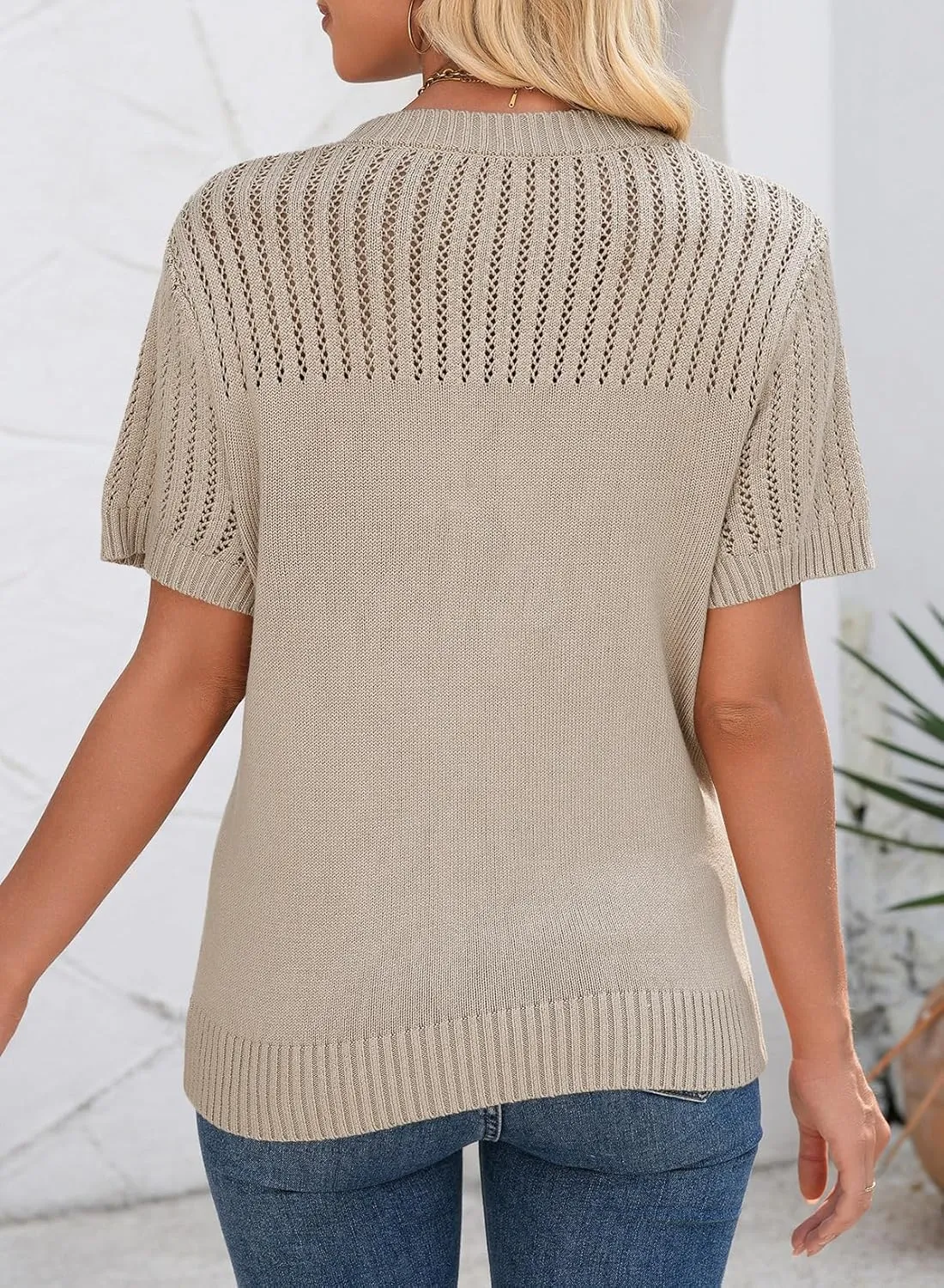 Dokotoo Womens Summer Tops Dressy Casual Crewneck Short Sleeve Shirts Solid Hollow Out Knit Loose Sweater Blouses