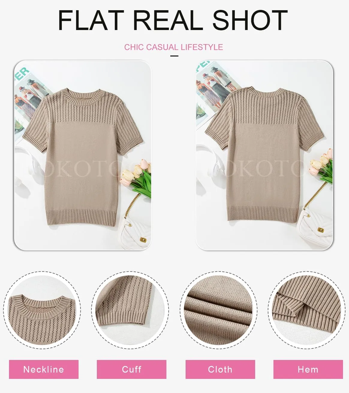 Dokotoo Womens Summer Tops Dressy Casual Crewneck Short Sleeve Shirts Solid Hollow Out Knit Loose Sweater Blouses